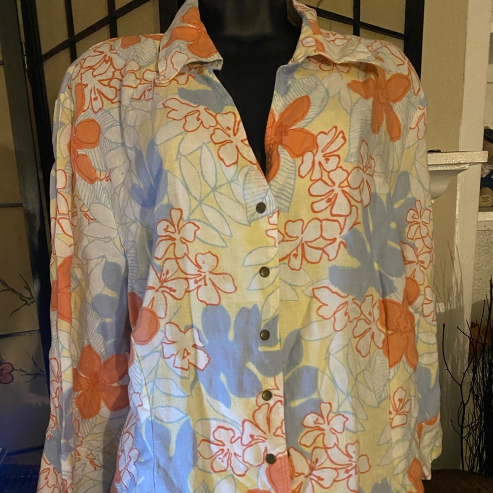 Floral Button-Front Women’s Blouse in Orange, Blue & Cream